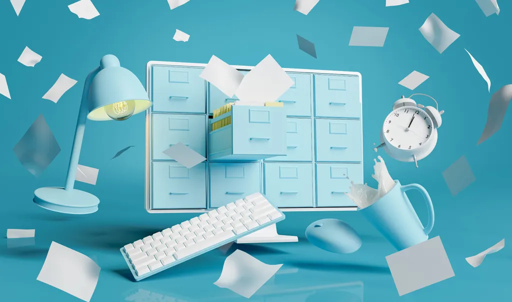 Stationery flying around filing cabinet concept image